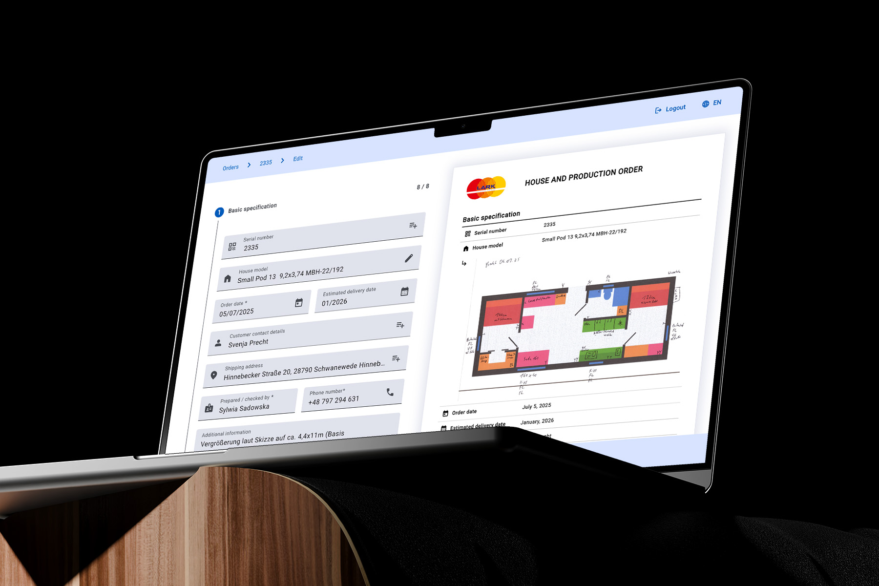 Screenshot: Production Order System for Mobile Homes